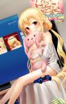  1girl aki99 bare_legs blonde_hair controller dutch_angle futaba_anzu game_controller highres idolmaster idolmaster_cinderella_girls long_hair naked_ribbon no_pants off_shoulder poster_(object) ribbon socks stuffed_animal stuffed_bunny stuffed_toy twintails very_long_hair yellow_eyes 