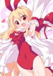  1girl :d armpits arms_up blonde_hair blush bow demon_tail detached_sleeves disgaea flonne flonne_(fallen_angel) hair_bow happy heart high_heels kagerou_(kers) leotard long_hair makai_senki_disgaea open_mouth red_bow red_eyes red_shoes shoes smile solo tail tail_bow 
