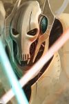  close-up crossed_swords cyborg dual_wielding energy_sword general_grievous highres lightsaber shou_(meruko1001) slit_pupils solo star_wars sword weapon yellow_sclera 