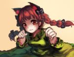  1girl animal_ears berabou bow braid cat_ears dress green_dress hair_bow hair_ornament kaenbyou_rin long_hair long_sleeves looking_at_viewer orange_background paw_pose red_eyes redhead simple_background smile solo touhou twin_braids 