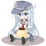  1girl anchor_symbol black_skirt blue_eyes chibi closed_mouth commentary_request flat_cap food hair_between_eyes hat hibiki_(kantai_collection) highres kantai_collection long_hair long_sleeves neckerchief pleated_skirt pudding school_uniform serafuku silver_hair simple_background sitting skirt smile solo spoon_in_mouth white_background yamato_tachibana 