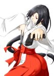  1girl black_hair gun hakama highres japanese_clothes long_hair miko niwatazumi original solo sword weapon 