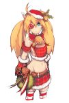  1girl animal_ears bell blade_&amp;_soul blue_eyes character_request christmas cropped_legs eyepatch gloves hat honey_bee_(bancoth) long_hair midriff mound_of_venus navel orange_hair red_gloves santa_hat skirt slit_pupils solo striped striped_legwear thigh-highs twintails zettai_ryouiki 