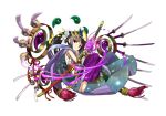  1girl adachi_yousuke barefoot flower full_body headpiece japanese_clothes katana lily_(flower) long_hair magatama official_art ponytail purple_hair puzzle_&amp;_dragons red_eyes simple_background solo sword weapon white_background yomi_(p&amp;d) 
