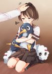  1girl admiral_(kantai_collection) batten_(yukibara_7) brown_eyes brown_hair brown_legwear brown_skirt covering_mouth failure_penguin hand_on_another&#039;s_head high_ponytail kantai_collection miss_cloud neckerchief no_shoes petting pleated_skirt ponytail sailor_collar school_uniform seiza serafuku shikinami_(kantai_collection) sitting skirt squiggle tears wooden_floor 