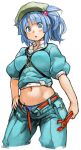  1girl adapted_costume belt blue_eyes blue_hair blue_panties blue_pants blush cowboy_shot cropped_legs hair_bobbles hair_ornament hat holding kawashiro_nitori key mound_of_venus navel open_fly panties pants puffy_short_sleeves puffy_sleeves sachito short_hair short_sleeves simple_background solo touhou twintails underwear unzipped white_background wrench 