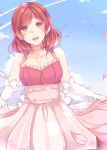  1girl absurdres amekawa_setsu choker dress earrings elbow_gloves flower flower_earrings gloves hair_flower hair_ornament highres jewelry looking_at_viewer love_live!_school_idol_project nishikino_maki petals redhead ribbon_choker skirt_hold solo violet_eyes white_gloves 