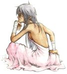  1girl androgynous bandages bare_back bare_shoulders black_hair chemifox137 chin_rest dark_skin dress indian_style jendo long_hair lowres profile scar scar_on_cheek sitting toki_no_daichi traditional_media watercolor_(medium) white_background 