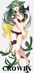  1girl :o bikini black_bikini breasts cat eyebrows frilled_bikini gatchaman_crowds green_eyes green_hair highres leg_garter long_hair looking_at_viewer nail_polish open_mouth pomu_(pompom_o) ribbon solo swimsuit utsutsu 