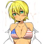  1girl ahoge american_flag_bikini bikini bikini_top blonde_hair blue_eyes blush breasts cleavage collared_shirt dark_skin flag_print large_breasts mikagelove mito_ikumi shirt shokugeki_no_souma short_hair solo swimsuit underwear 