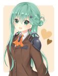  1girl alternate_hairstyle earrings green_eyes green_hair half_updo heart heart-shaped_lock heart_earrings highres jewelry kantai_collection open_mouth solo souhi suzuya_(kantai_collection) tagme 