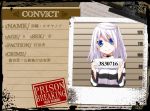  1girl blue_eyes blush character_name child choker long_hair looking_at_viewer mugshot partially_translated pixiv_no_ankokugai prison_clothes shizutani side_ponytail smile solo striped translation_request white_hair 