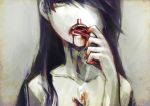  1girl black_hair blood bloody_nose fangs hair_over_one_eye long_hair looking_at_viewer nude open_mouth original pale_skin solo teeth toi_(number8) tongue tongue_out 