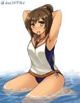  1girl armpits arms_up blush brown_eyes brown_hair don_(29219) i-401_(kantai_collection) kantai_collection mouth_hold ponytail school_swimsuit sitting smile solo swimsuit swimsuit_under_clothes tan wariza 