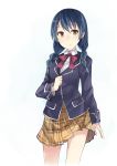  1girl absurdres bad_id bad_pixiv_id black_hair braid highres keid long_hair plaid plaid_skirt school_uniform shokugeki_no_souma skirt solo tadokoro_megumi tootsuki_saryou_ryouri_gakuen_uniform twin_braids yellow_eyes 