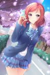  1girl cherry_blossoms highres looking_at_viewer love_live!_school_idol_project morugen nishikino_maki redhead school_uniform short_hair smile solo violet_eyes 
