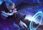  1girl black_wings dress drill_hair highres idolmaster idolmaster_cinderella_girls kanzaki_ranko lip-mil long_hair magic_circle open_mouth red_eyes silver_hair sky solo star_(sky) starry_sky twin_drills twintails wings 