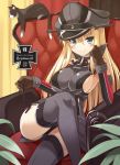  1girl anchor armchair bare_shoulders bismarck_(kantai_collection) blonde_hair blush breasts cat chair character_name chin_rest crossed_legs detached_sleeves gloves grey_legwear hair_between_eyes hat impossible_clothes iron_cross kantai_collection large_breasts long_hair looking_at_viewer military military_hat military_uniform oota_yuuichi peaked_cap sideboob sitting smile solo thigh-highs uniform 