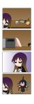  2girls 4koma ^_^ absurdres ahoge asymmetrical_wings black_dress black_hair bowl chibi child chopsticks closed_eyes comic cooking dress food highres hijiri_byakuren houjuu_nue impaled multiple_girls o_o open_mouth plate pot purple_hair rakugaki-biyori silent_comic smile table tasting touhou trembling wavy_mouth wings younger 