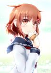  1girl brown_eyes brown_hair chipika eating food hair_ornament hairclip highres ice_cream ice_cream_cone ikazuchi_(kantai_collection) kantai_collection looking_at_viewer short_hair solo 