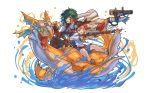  2girls ;p anne_&amp;_mary_(p&amp;d) bandana blue_eyes blue_skirt braid dragon green_eyes green_hair gun hair_over_one_eye hino_shinnosuke long_hair multiple_girls official_art one_eye_closed orange_hair over_shoulder pirate pleated_skirt puzzle_&amp;_dragons school_uniform serafuku short_hair simple_background skirt skull_and_crossbones sword tongue tongue_out twin_braids water weapon weapon_over_shoulder white_background 