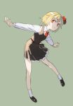  1girl blonde_hair collared_shirt dress hair_ribbon head_tilt loafers long_sleeves looking_at_viewer outstretched_arms red_eyes ribbon rumia shirt shoes slit_pupils smile socks solo standing_on_one_leg touhou white_legwear yamamomo_(plank) 