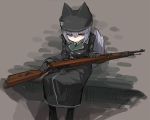  1girl animal_hat grey_hair gun hat noconol rifle tail uniform weapon 