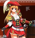  1girl belt black_nails blonde_hair blush breasts cleavage copyright_name epaulettes fingerless_gloves gloves hat long_hair looking_at_viewer monster_hunter monster_hunter_portable_3rd nail_polish pink_nails pirate_hat red_eyes solo yi 