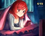  1girl bed_sheet breasts cellphone cleavage curtains dated highres long_sleeves love_live!_school_idol_project lying nishikino_maki nunna on_bed phone pillow redhead short_hair smartphone solo staring violet_eyes window 