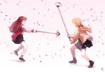  2girls absurdres dicorndl highres jacket long_hair mary_janes motion_blur multiple_girls open_clothes open_jacket orange_hair original pleated_skirt red_eyes redhead shoes skirt socks twintails 