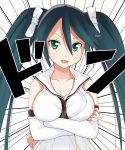  1girl :3 breast_hold breasts cleavage crossed_arms detached_sleeves green_eyes green_hair hair_between_eyes isuzu_(kantai_collection) kantai_collection long_hair makoto098 solo sweatdrop twintails 