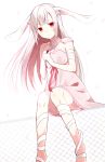  1girl animal_ears bandaged_arm bangs blunt_bangs chisumi clenched_hands commentary_request dress fence highres long_hair looking_at_viewer original pink_dress rabbit_ears red_eyes silver_hair sitting solo 