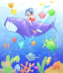  1boy bubble fish higashikata_tsurugi jellyfish jojo_no_kimyou_na_bouken jojolion origami otoko_no_ko paper_moon_king riding seahorse shakata_(ozi3) squid sunlight underwater whale 