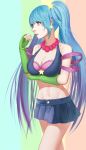  1girl absurdres alternate_costume arm_warmers bare_shoulders blue_eyes blue_hair breasts cleavage crop_top from_side highres league_of_legends long_hair makeup midriff miniskirt multicolored_hair pleated_skirt skirt sona_buvelle twintails very_long_hair 