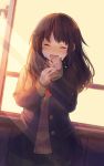  1girl blush brown_hair full-face_blush hand_to_own_mouth happy_tears jacket light_rays long_hair mikkii open_clothes open_jacket open_mouth original pleated_skirt school_uniform skirt solo sunbeam sunlight sunset tears window 