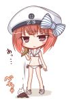  1girl anchor bare_arms bikini bow brown_eyes brown_hair character_name collarbone commentary_request double_scoop food full_body hair_bow hat highres holding holding_food ice_cream ice_cream_cone kantai_collection komakoma_(magicaltale) parted_lips peaked_cap sailor_bikini sailor_collar sandals short_hair simple_background solo striped striped_bow swimsuit tears translation_request white_background white_bikini white_footwear white_hat z3_max_schultz_(kantai_collection) 