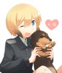  1girl ;d birthday blonde_hair blue_eyes bob_cut brown_hair dachshund dog erica_hartmann gradient_hair heart holding holding_animal kinosaki_(green_patio) long_sleeves military military_uniform multicolored_hair one_eye_closed open_mouth short_hair simple_background smile solo strike_witches uniform white_background 