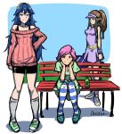  3girls akairiot bike_shorts blue_eyes blue_hair breasts brown_eyes brown_hair casual cleavage contemporary doubutsu_no_mori fire_emblem fire_emblem:_kakusei full_body hairband long_hair looking_at_viewer lucina multiple_girls off-shoulder_sweater park_bench payot pigeon-toed pink_hair pointy_ears princess_zelda shoes small_breasts smile sneakers socks standing striped striped_legwear super_smash_bros. twilight_princess villager_(doubutsu_no_mori) visor_cap wristband 