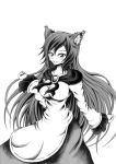  1girl animal_ears brooch fang fingernails hidefu_kitayan imaizumi_kagerou jewelry layered_dress long_hair long_sleeves looking_at_viewer monochrome open_mouth sharp_fingernails simple_background solo touhou very_long_hair wolf_ears 