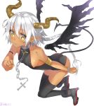  1girl ankle_boots bare_shoulders black_legwear boots braid breasts chain collar cross demon_girl earrings grey_boots horns isshiki_(ffmania7) jewelry leaning_forward long_hair original pointy_ears sideboob silver_hair smile solo tail tan thigh-highs twitter_username wings yellow_eyes 