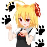  1girl ahoge animal_ears black_dress blonde_hair bow cat_ears commentary_request dress hair_between_eyes hair_bow kemonomimi_mode red_bow red_eyes rumia short_hair short_sleeves simple_background solo touhou white_background yamato_tachibana 