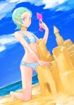  1girl aqua_hair barefoot beach bikini choker dutch_angle eureka eureka_seven eureka_seven_(series) flat_chest grin hair_ornament hairclip kneeling looking_at_viewer ocean orz_(orz57) sand_castle sand_sculpture short_hair smile solo spade swimsuit violet_eyes 