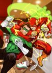  arm_around_neck barry_allen baz_neko blurry dc_comics depth_of_field food green_lantern hal_jordan hamburger highres holding_food lightning_bolt mask ring spill superhero the_flash 