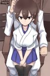  1boy 1girl admiral_(kantai_collection) brown_eyes brown_hair commentary from_above highres japanese_clothes kaga_(kantai_collection) kantai_collection looking_at_viewer mku side_ponytail sitting sitting_on_lap sitting_on_person sweatdrop thigh-highs 