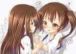  !? 2girls ? akagi_(kantai_collection) blush brown_eyes commentary_request japanese_clothes kaga_(kantai_collection) kantai_collection kisa_(k_isa) long_hair multiple_girls nose_blush ponytail short_hair side_ponytail simple_background white_background younger 