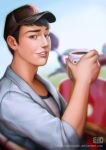  big_hero_6 black_hair blurry brown_eyes coffee cup disney hat highres holding_cup mug profile realistic smile tadashi_hamada upper_body watermark web_address weijic 