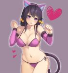  1girl animal_ears beatmania beatmania_iidx bell bikini black_hair blush breasts cat_ears cleavage collarbone cowboy_shot d: detached_sleeves fake_animal_ears grey_background hair_bell hair_ornament hair_ribbon halterneck heart heart_background km_(km517) lace-trimmed_sleeves long_sleeves open_mouth outline paw_pose purple_bikini ribbon ribbon-trimmed_sleeves ribbon_trim side-tie_bikini skindentation solo sweat swimsuit tail umegiri_hifumi violet_eyes 