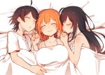  1boy 2girls bed black_hair cr-r hikigaya_hachiman holding_hands multiple_girls orange_hair sleeping smile yahari_ore_no_seishun_lovecome_wa_machigatteiru. yuigahama_yui yukinoshita_yukino 