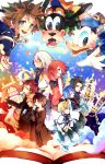  3girls 6+boys aqua_(kingdom_hearts) axel_(kingdom_hearts) black_coat black_hair blonde_hair blue_eyes blue_hair brown_hair castle clock clock_tower commentary_request disney donald_duck eating food goofy highres ice_cream inazume-panko kairi_(kingdom_hearts) kingdom_hearts kingdom_hearts_358/2_days kingdom_hearts_birth_by_sleep kingdom_hearts_ii looking_at_viewer multiple_boys multiple_girls open_mouth organization_xiii redhead riku roxas smile sora_(kingdom_hearts) tagme terra_(kingdom_hearts) tower ventus white_hair xion_(kingdom_hearts) 