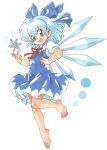  1girl :d barefoot blue_eyes blue_hair blush bow cirno dress fang feet hair_bow ice open_mouth oyatsu_(mk2) short_hair simple_background smile snowflakes solo toes touhou white_background wings 